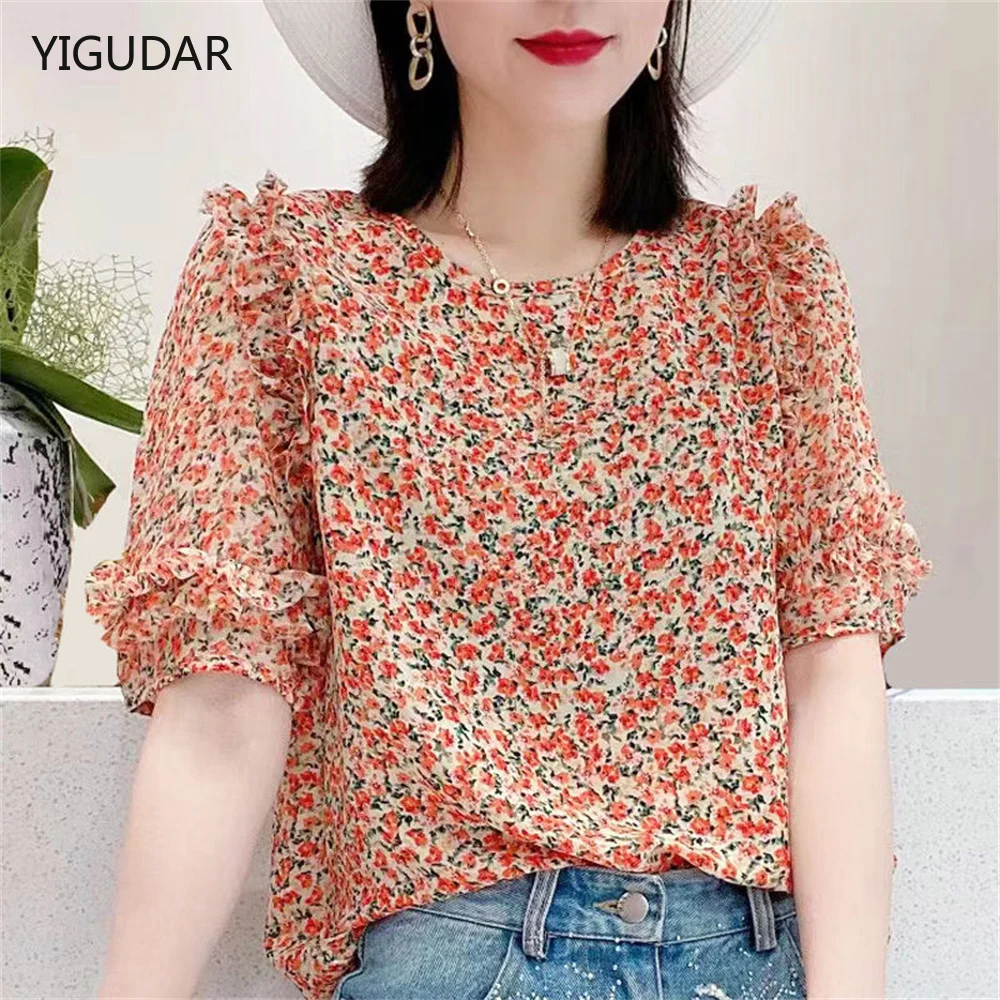 

Женская шифоновая блузка с цветочным принтом, Повседневная Туника средней длины с длинным рукавом и круглым вырезом, осень 2022