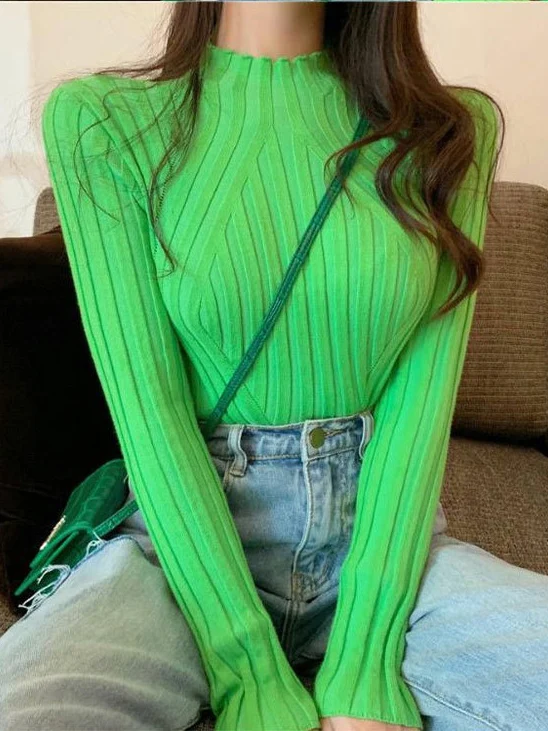 

Зеленая облегающая женская водолазка, осень 2023, милые вязаные свитера Baisc, пуловеры в полоску с круглым вырезом, новые универсальные трикотажные колготки