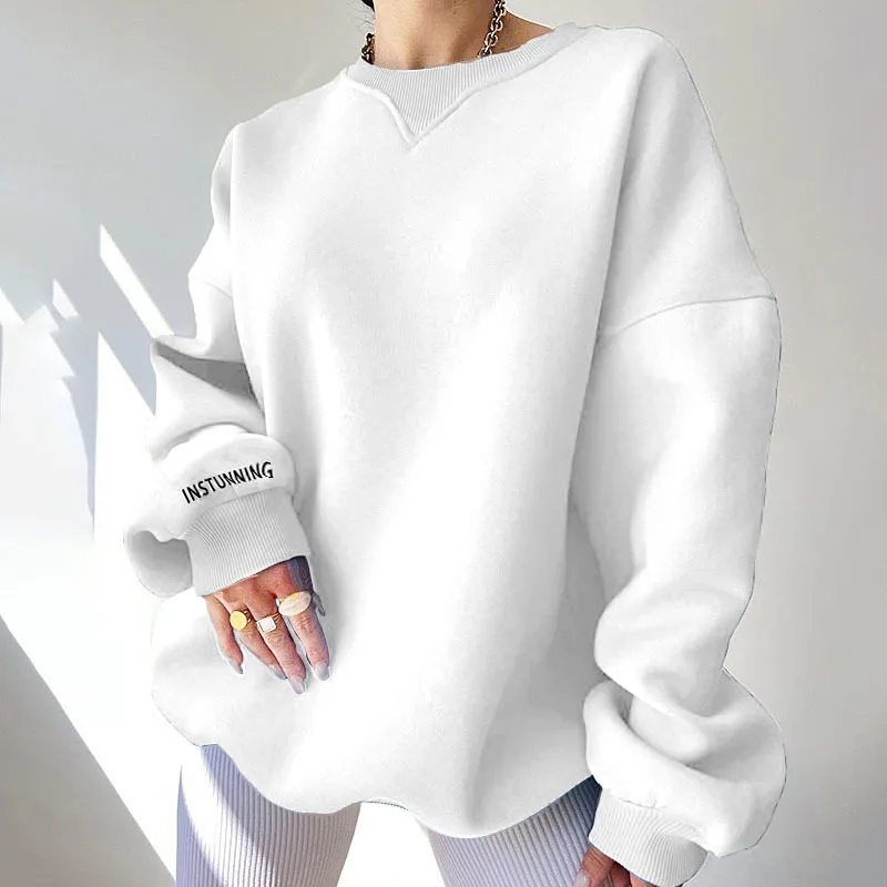Autumn and Winter Women's Pullover Round Neck Solid Embroidered Screw Thread Shoulder Drop Long Sleeve Sweater Fashion Tops