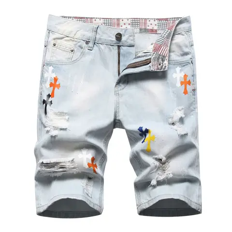 Holes Denim Shorts Light Blue Jeans Shorts Good Quality Male Staight Knee Length Jeans Painted Street Wear Denim Shorts 42