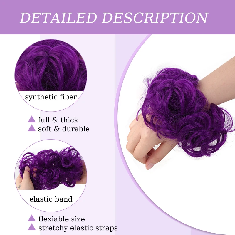 Purple Messy Hair Bun Extensions Wig Synthetic Curly Bun Hairpiece Updo Hair with Elastic Hair Band for Women Daily&Party Use