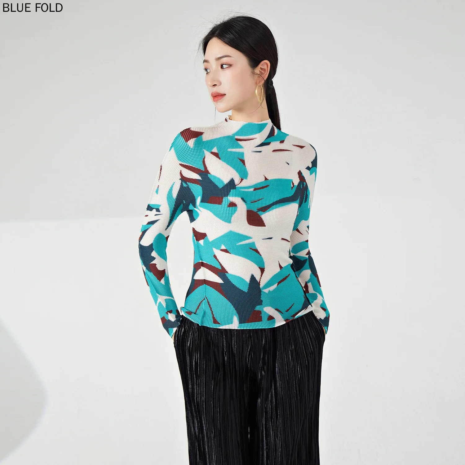 miyake-long-sleeve-t-shirt-for-women-printed-half-turtleneck-slim-fit-pleated-top-pleated-blouses-spring-style