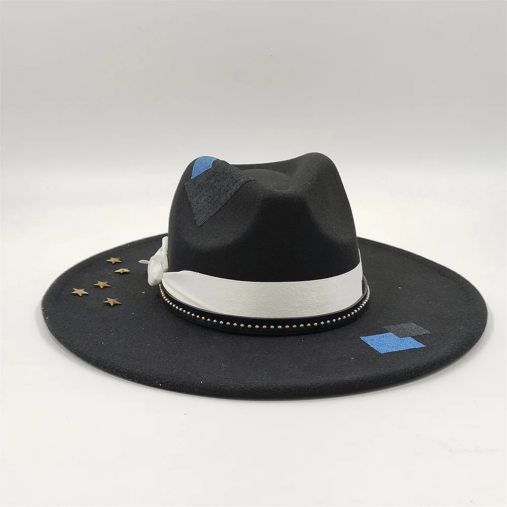 Handgenähter Fedora-Hut, Jazz-Hut, Männer und Frauen, Spielkarten-Accessoires, modischer Filzhut, schwarz-weißer Panama-Kirchenhut – Detail 15