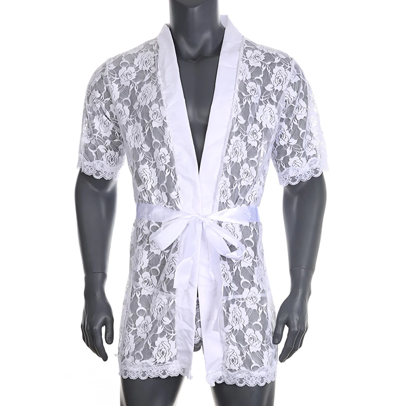 Men's Sexy Short Ssee-Through Porno Lace Bathrobe Transparent Sex Erotic BDSM Pajamas Thong Hot Suit Home Wear Clothing
