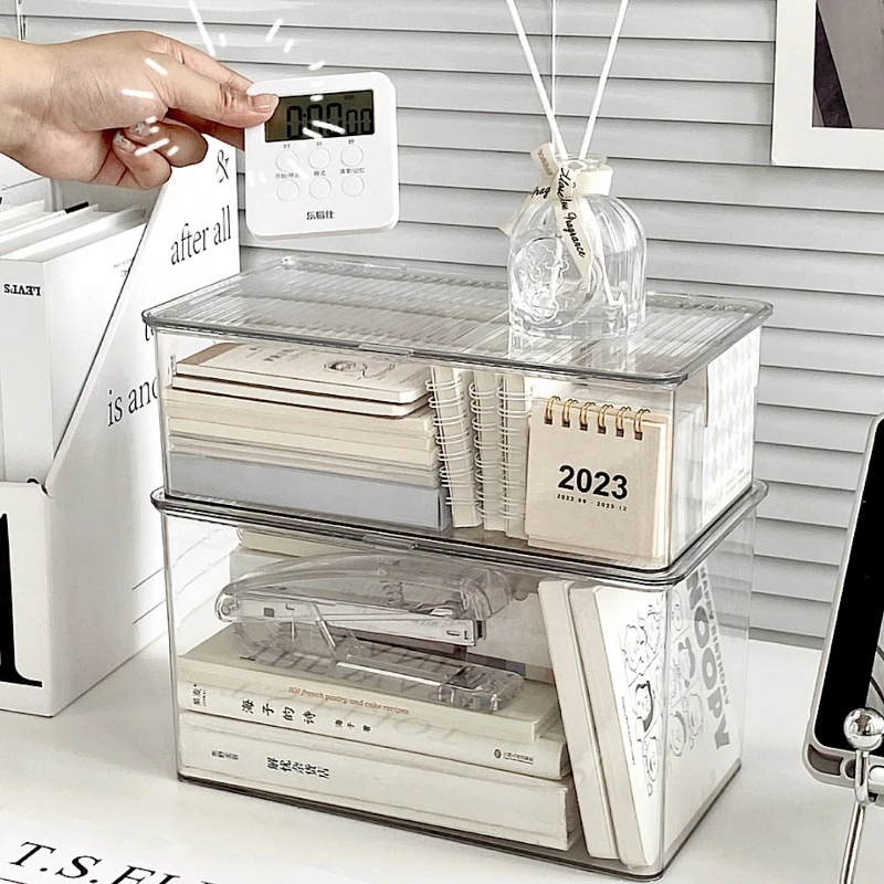 데스크탑 수납함 뚜껑이 있는 대용량 화장품 정리함 투명한 사무용품 책 문서 보관함