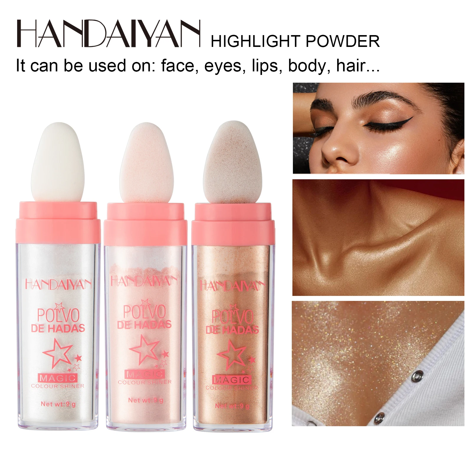 HANDAIYAN 3 Colors Glitter Powder Highlighter Makeup Body Brightens the Natural Face Blusher Fairy Highlight Patting Powder 2