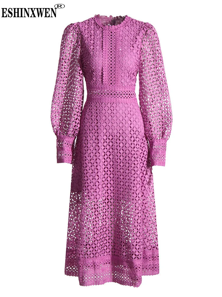 

Eshin Embroidery Cut Out Midi Dress For Women Round Neck Long Sleeve High Waist Solid Minimalist Dresses Female Clothing TH4457