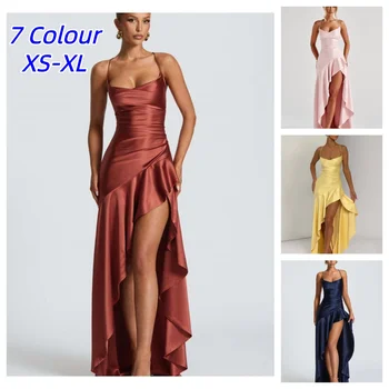 Elegant Spaghetti Strap Satin Split Maxi Women Sexy Backless Bodycon Party Evening Irregular Dress Summer Holiday Beachwear 2026 1