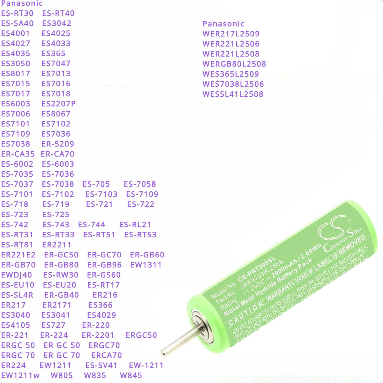 Аккумулятор для бритвы 2000 мАч для Panasonic ES-RL21,RT31,RT33,RT51,RT53,RT81,ER2211,ER221E2,GC50,GC70,GB60,GB70,GB80,GB96