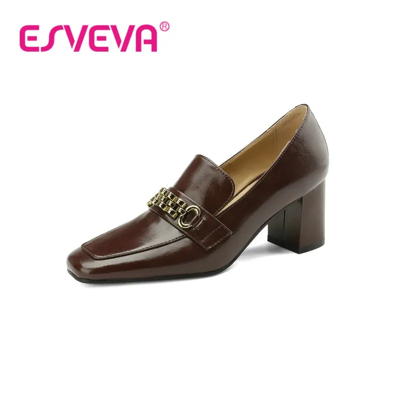 

ESVEVA 2023 Slip On Women Pumps Metal Decoration Office High Heel Office Square Toe Cow Leather Shoes Woman 34-39