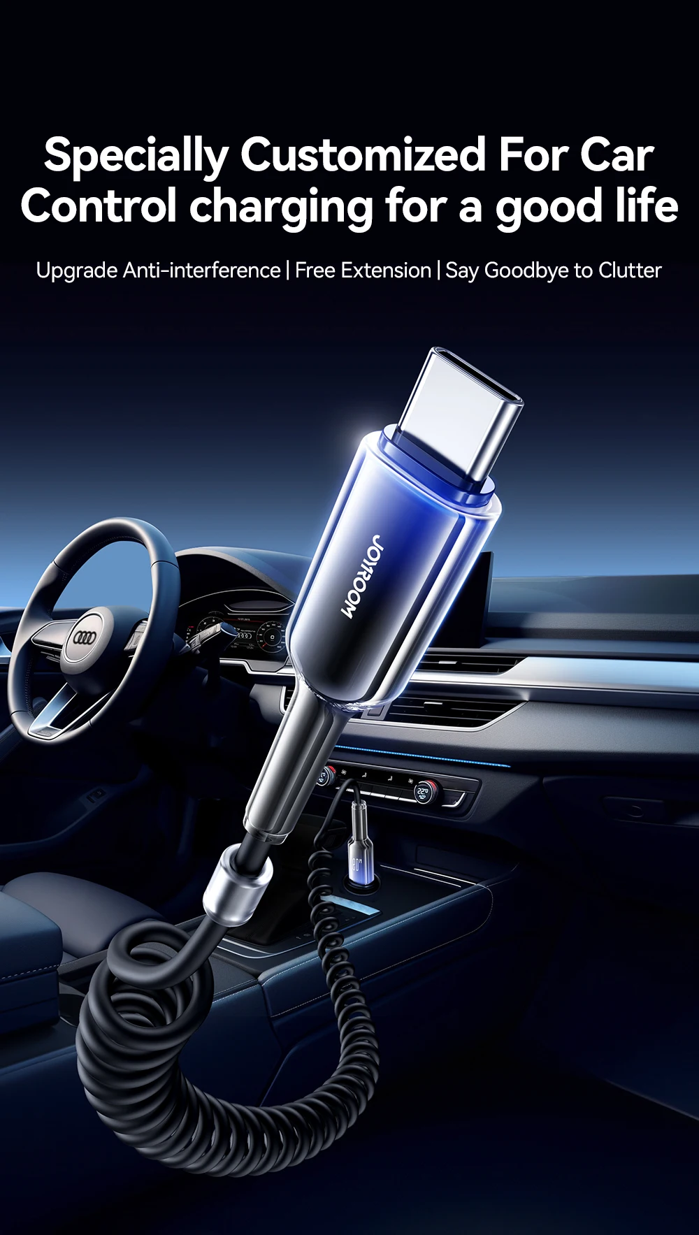 Joyroom 60W USB Type C Fast Charging Cable Spring Telescopic Car Charger Cable For iPhone 16 15 Pro Max /Xiaomi /Huawei Android