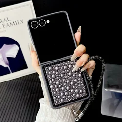 3D Water Droplet Pearl Case with Shiny Wristband and Soft Frame Protective Shell - Galaxy Z Flip5 (GRAY)