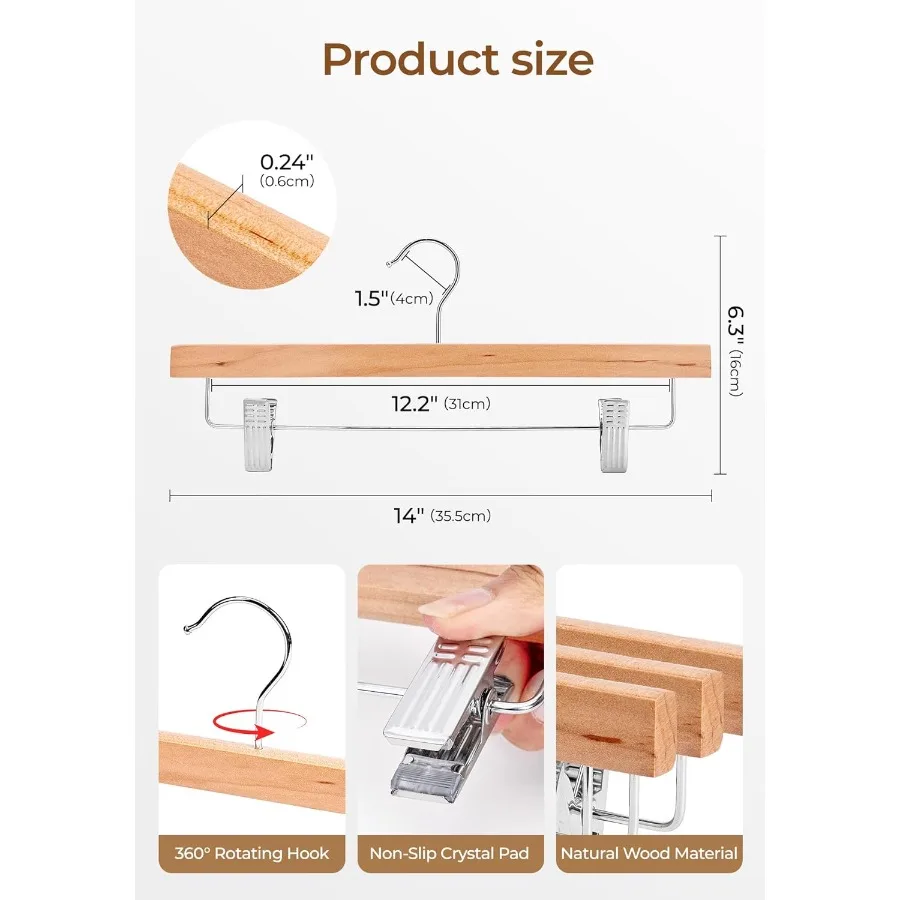 Natural Wooden Pants Hangers 20 Pack Heavy Duty Skirt Hanger with 2Adjustable Clips Space Saving Shorts Hanger with 360 Swivel