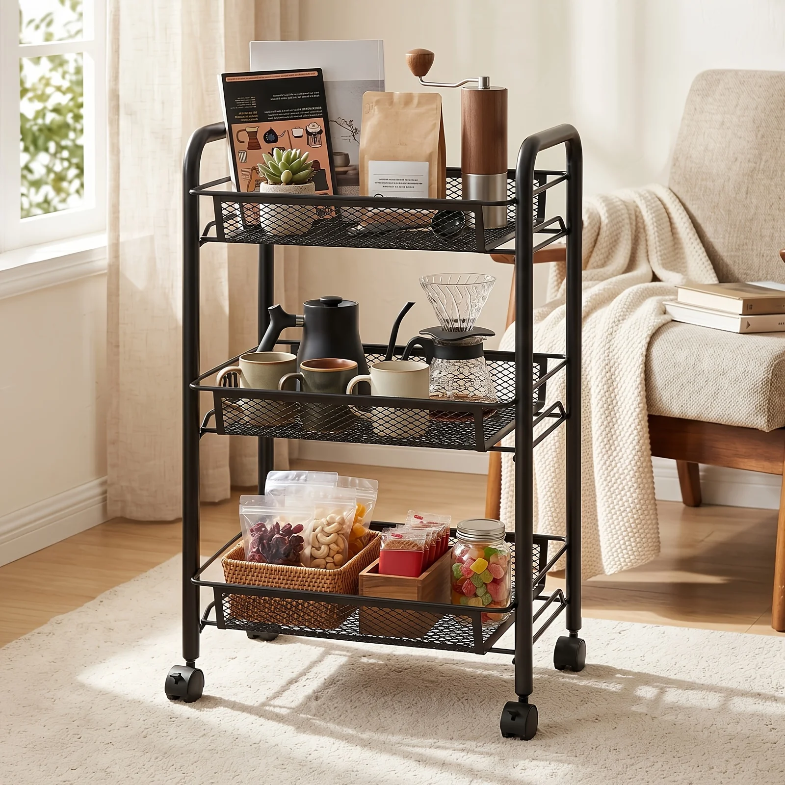 3/4/5Tier Mesh Wire Rolling Cart, Kitchen Storage Organizer Utility Cart Full Metal Basket Storage Art Trolley Carts With Wheels