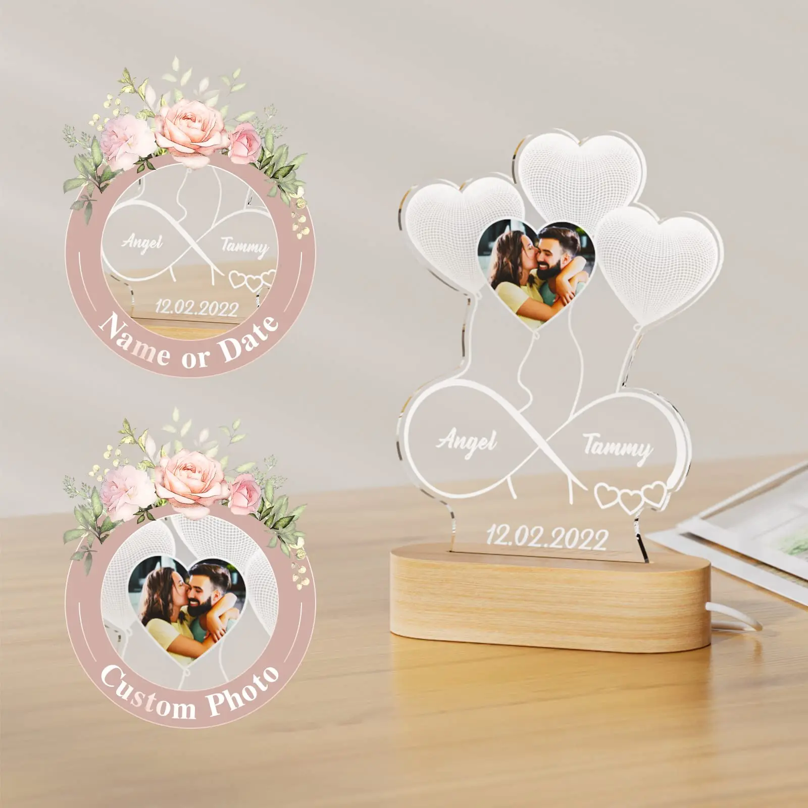 3D Photo Lamp Custom Photo And Text Engrave Wooden Base Customized Valentine's Day Wedding Anniversary Birthday 3D Lamp Gifts - Image 2