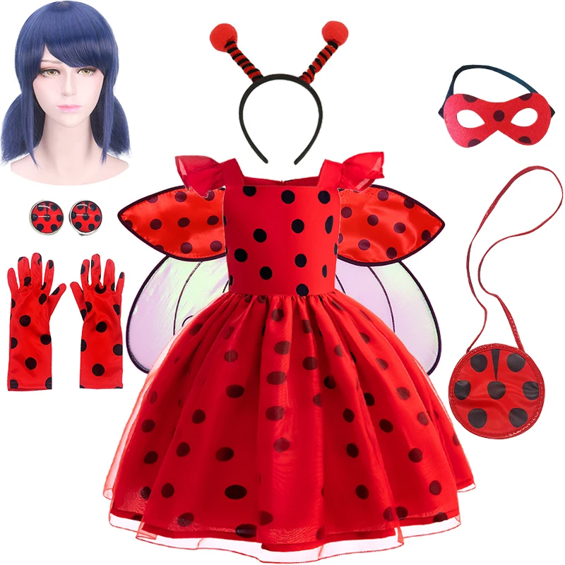 Toddler Girl Halloween Cosplay Ladybug Costume Wing Carnival Hero Girl Dot Print Princess Masquerade Party Performance Dress Girls Dress,Baby Girl Dress