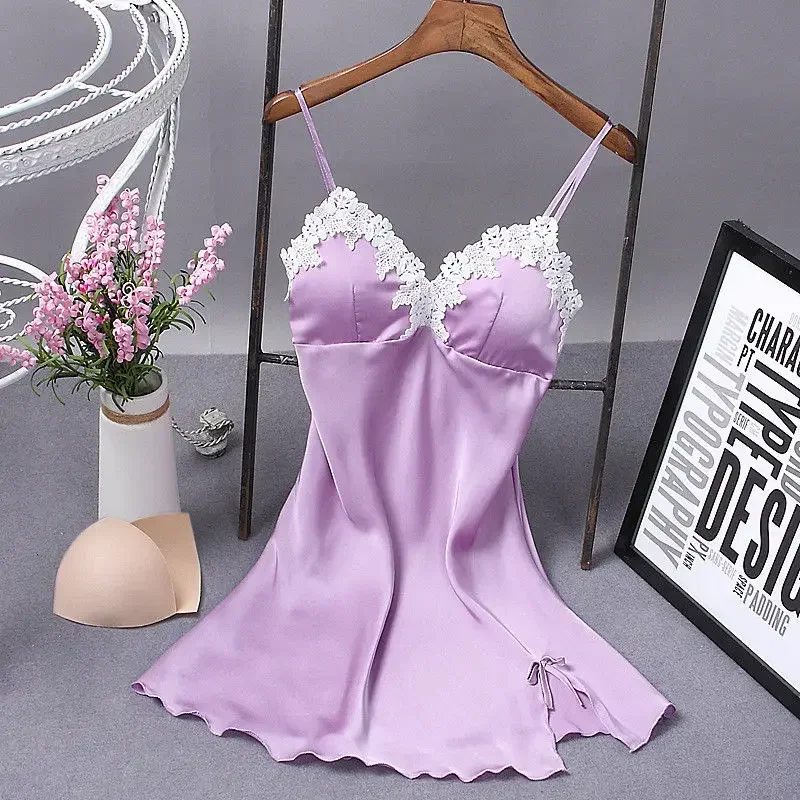 Sexy Women  Silk Robe Dress Nightdress Lace Bow Straps Lady Nightgown Sleepwear Costumes Soft Material Sleepshirts