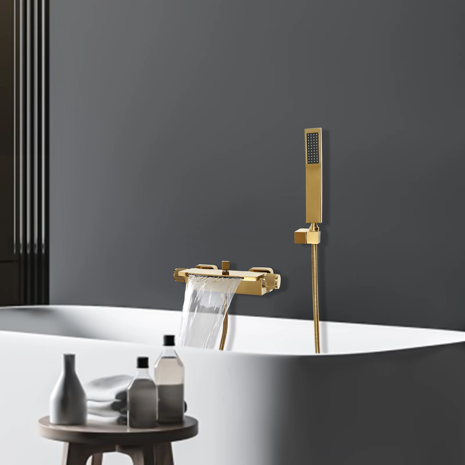Badewannenarmatur, Wasserfall-Badewannenarmatur, komplett aus Kupfer, Wand-Wasserfall-Dusche, heißer und kalter Badewannenarmatur – Detail 3