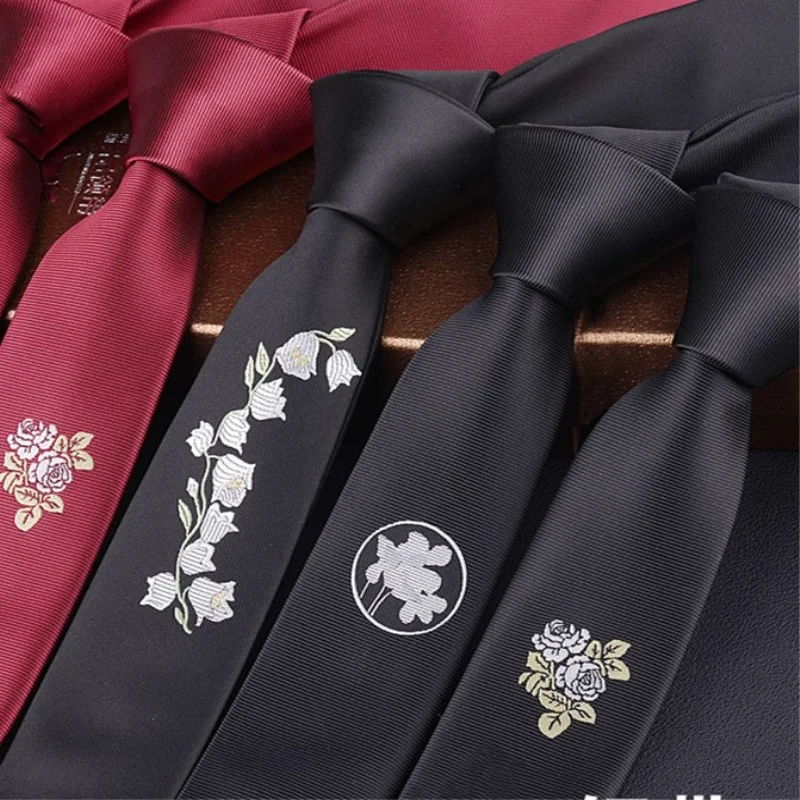 Personalized Skinny Tie White Yulan Embroidery Tie Narrow Necktie Formal Dress Accessory Birthday Present Graduation Cravat