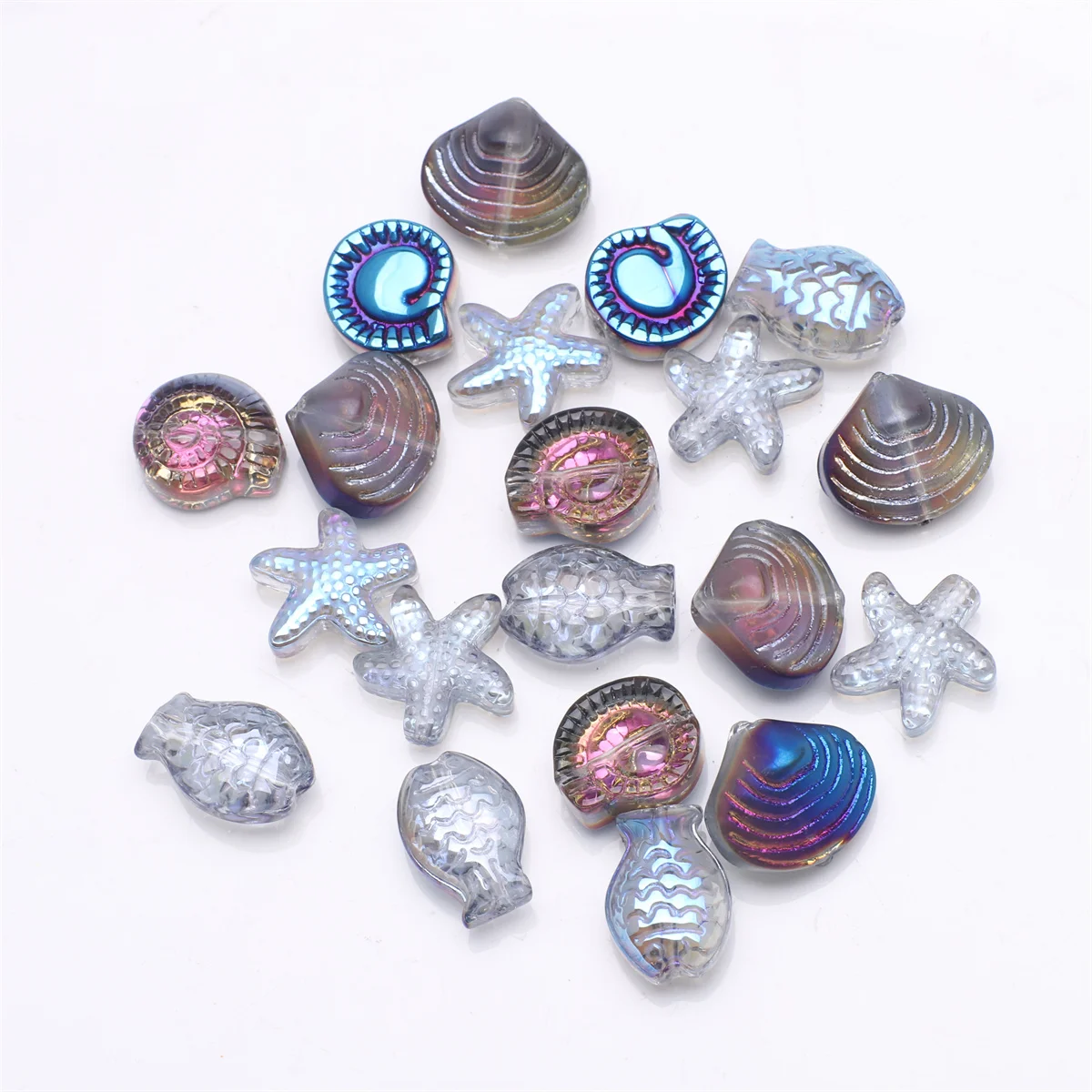 20 Pcs Mixed Shape Starfish Snail Shell Small Fish Crystal Glass Loose Beads for DIY Jewelry