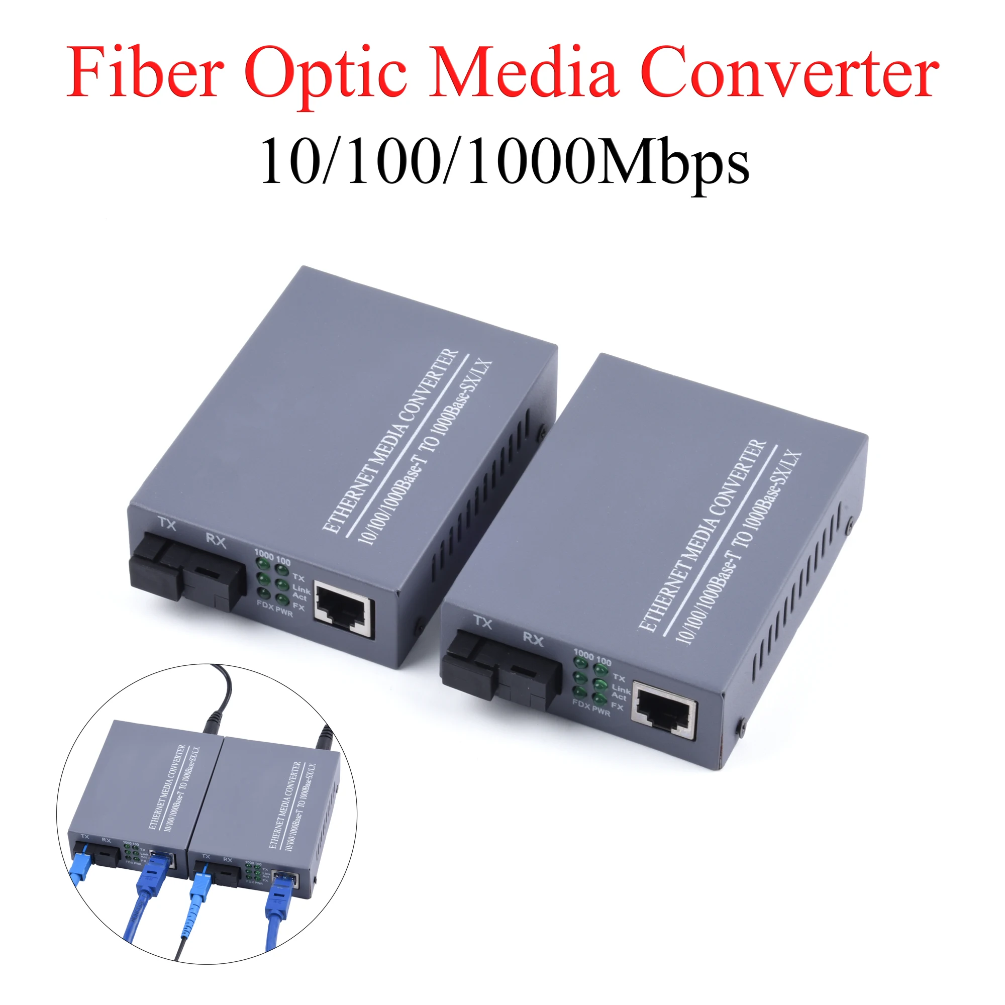 US/DE 10/100/1000Mbps Gigabit Fiber Optical Media Converter  Single Mode 20Km UPC/APC SC-Port External Power Supply