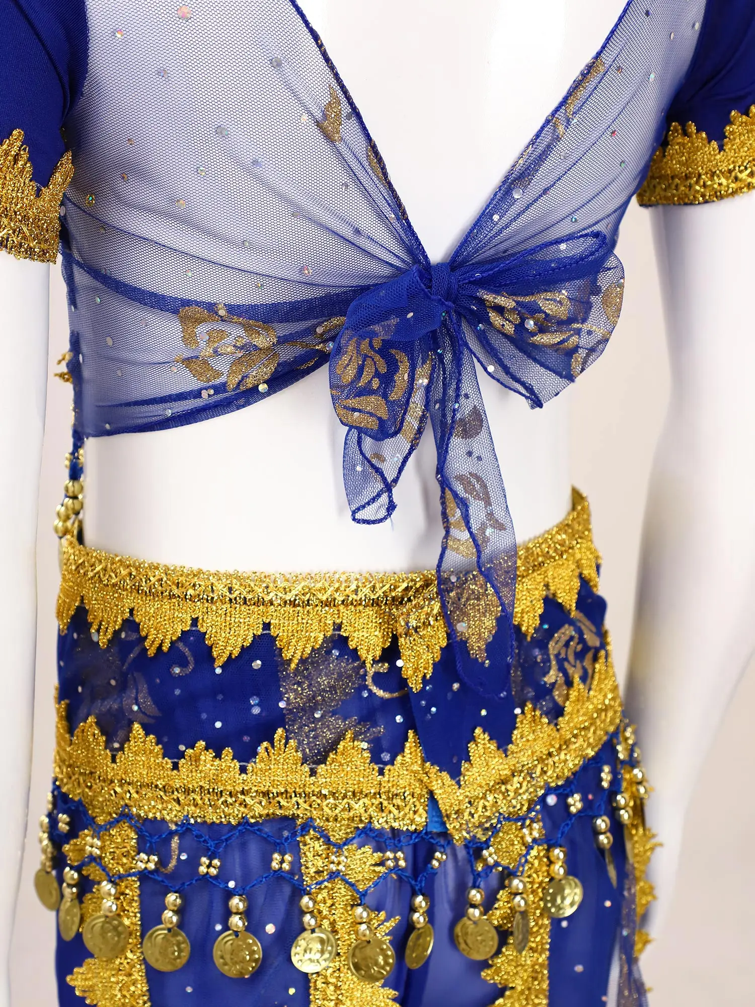 Kids Girls Belly Dance Outfits Shiny Floral Print Short Sleeve Lace-Up Back Sequin Tassels Crop Top Bloomers Pants Waist Chain