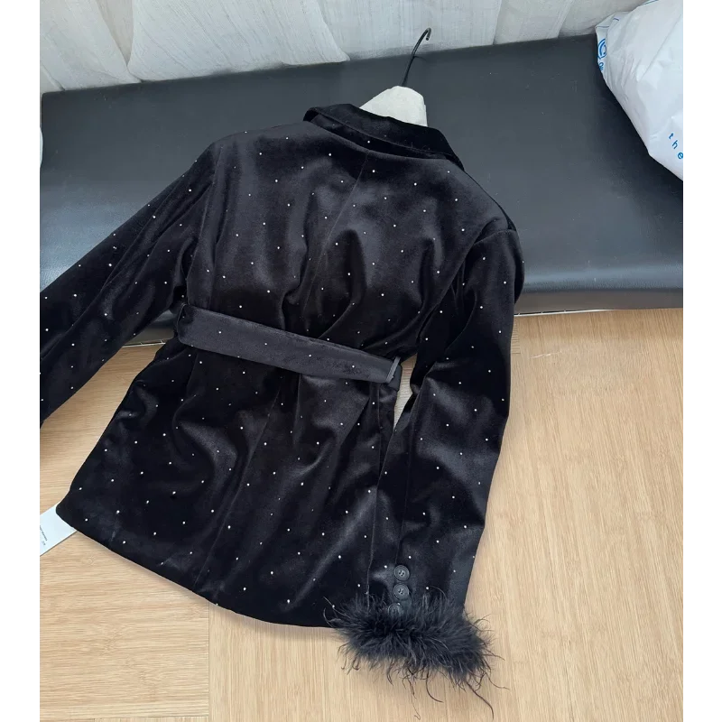 Flash Diamond Velvet Ostrich Feather Suit Jacket Women's Autumn  Winter Fashion Casual French High Street Quilted  Black Suits