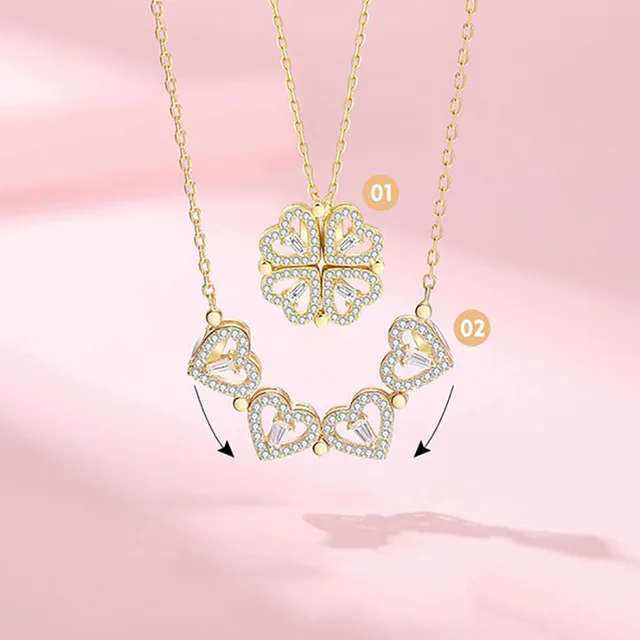 1pc Heart Shaped Four Leaf Clover Pendant Necklace Jewelry Zircon Women Love Clavicle Chain Gifts Openable ChokerJewelry 4