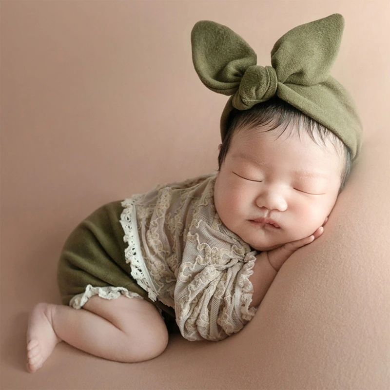 

Baby Girl Photo Clothing Lace Jumpsuit & Bow Headband Long Sleeve Romper Newborns Shower Party Elegant Photo Suit