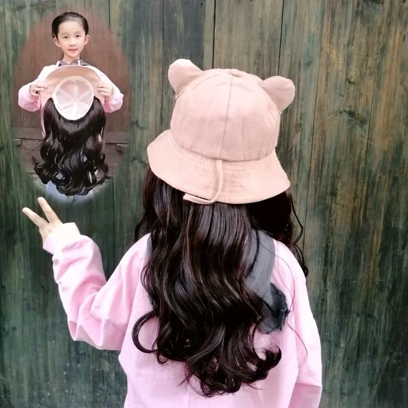 KIDS Toupee Headwear Children's Hat Wig Integrated Non Detachable Long Curly Hair Big Wave Girls Autumn Winter Warm Caps Female