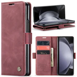 CaseMe Retro Leather Wallet Card Slot Phone Case with Shockproof Flip Stand Cover for Samsung Z Fold 5 (Red)
