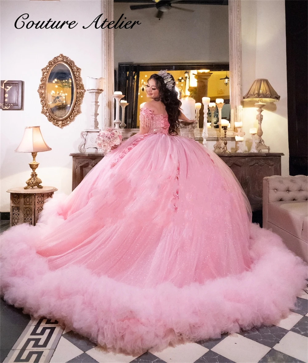 Blush Pink Pink Puffy Quinceanera Dresses Light Pink Tassels
