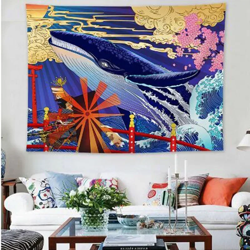 Great Wave of Kanagawa Tapestry Wall Hanging Whale Wall Carpet Tapestries Cloth Mandala Boho Bedspread