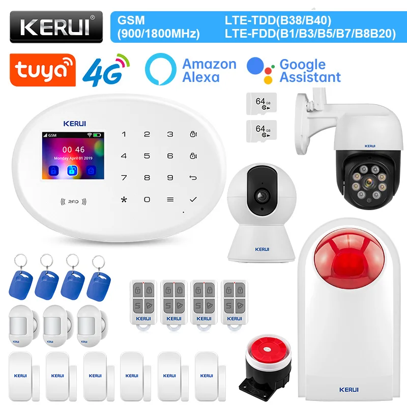 wifi alarm keypad KERUI Wireless Home Alarm System 4G WIFI GSM Alarm Tuya Smart Support Alexa Door Sensor Motion Sensor Siren RFID home security system keypad