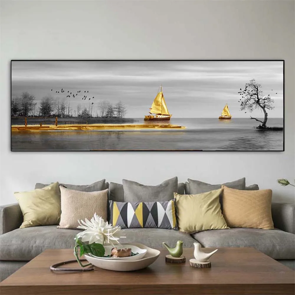 

Calm Lake Golden Long Bridge Sailboat Tree Scene Canvas Paintings for Modern Landscape Wall Art Living Room Home Cuadros Decor