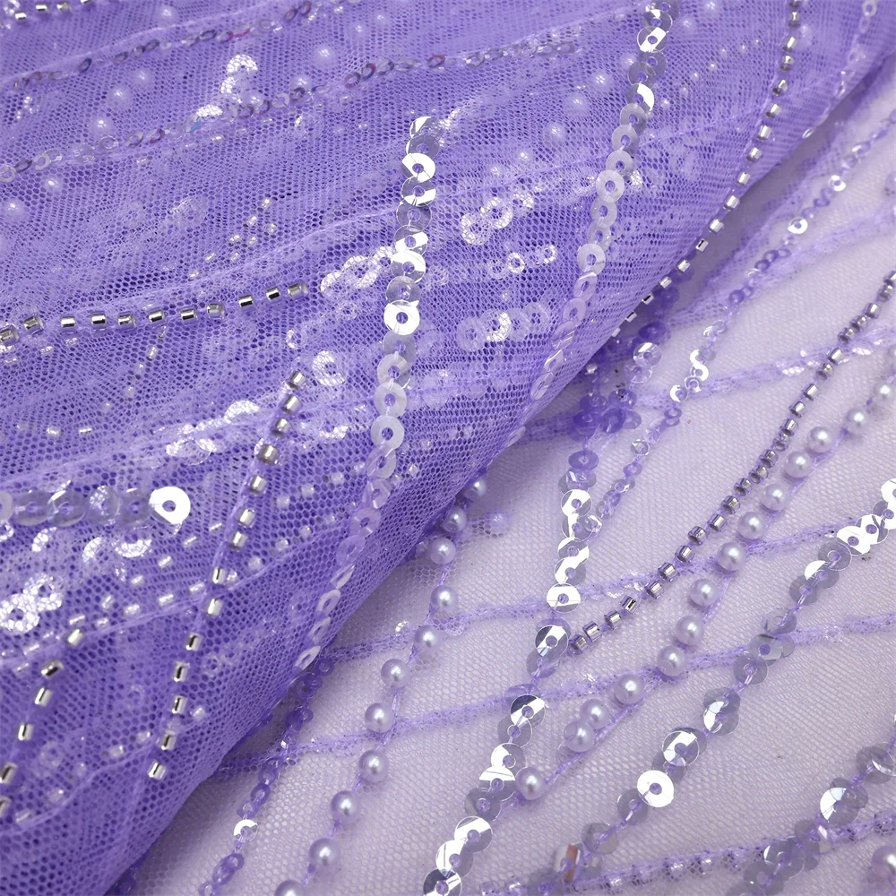 Lavender Pearls Lace Beaded Fabric on Tulle for Bridal Fabric