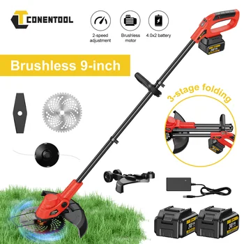 CONENTOOL Brushless Lawn Mower Portable Folding Handheld Grass Trimmer with 2x4.0Ah Batteries 4 Blades Garden Shrub Pruning Tool