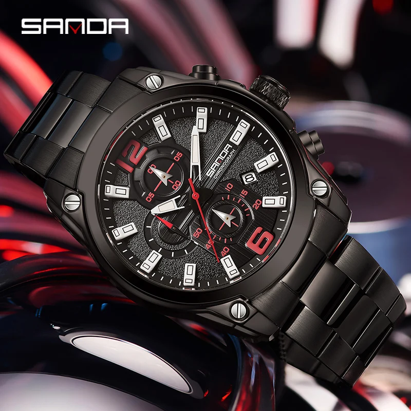 SANDA New Genuine Luxury Men Quartz Watches 2023 Fashionable Multifunctional Three-Eye Six-Needle Dial Waterproof Men Watch 5305