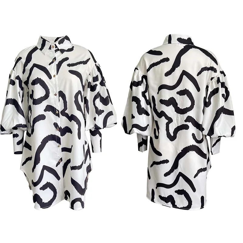 Streetwear Turn-down Collar Printing A-line Skirt Spring Autumn Loose Waist Puff Long Sleeve Plus Size Zipper Shirt Dress Women