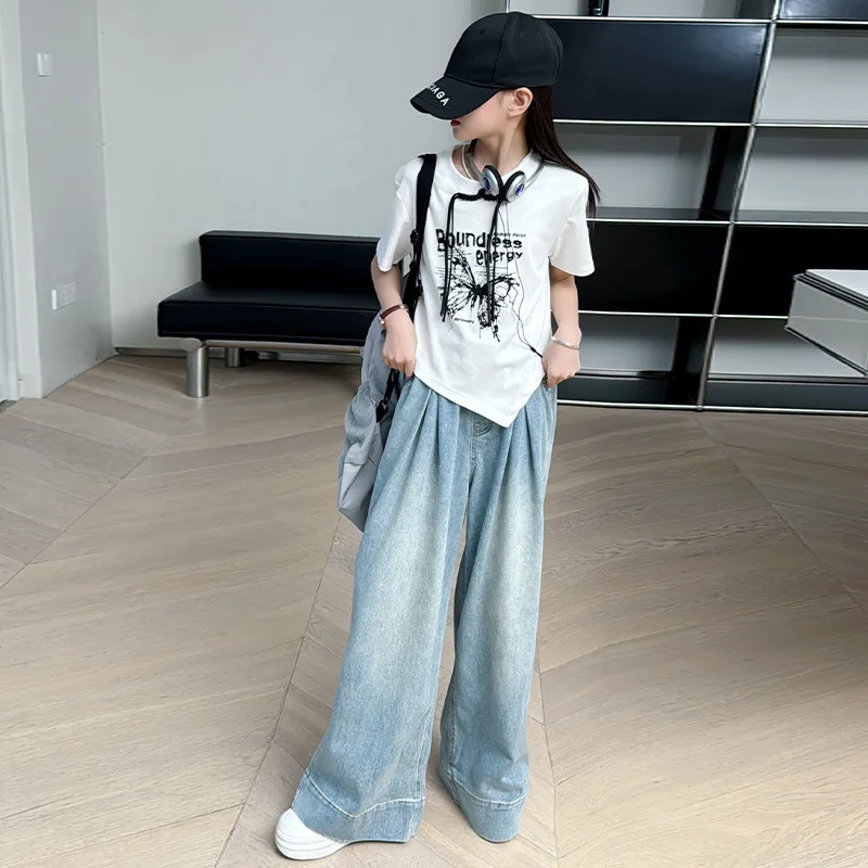 

Girls' Set 2024 Summer Fashionable Irregular Top Floor Slam Pants Two piece T-shirt Denim Wide Leg Pants