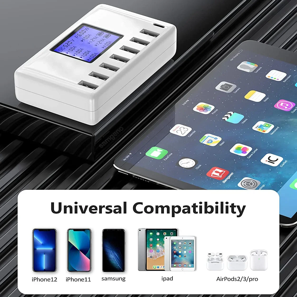 Eight-Port USB Charging Station, 60W Multi-Device Charger with LCD Display