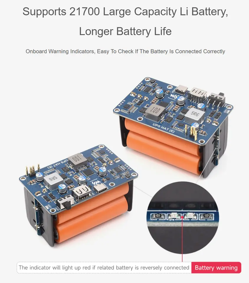 UPS HAT (E) for Raspberry Pi Supports 4× 21700 Li Batteries (NOT included) Bi-Directional Fast Charging 5V 6A Output image 4