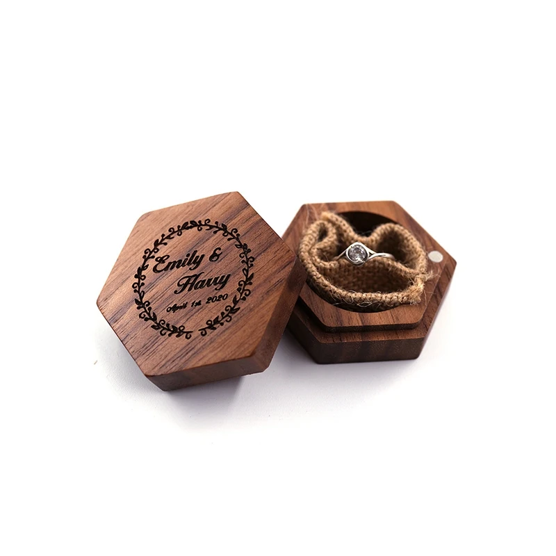 

Hexagon Personalized Wood Engagement Ring Bearer Box Rustic Custom Bride & Groom Wedding Ring Box Engraved Name Jewelry Box