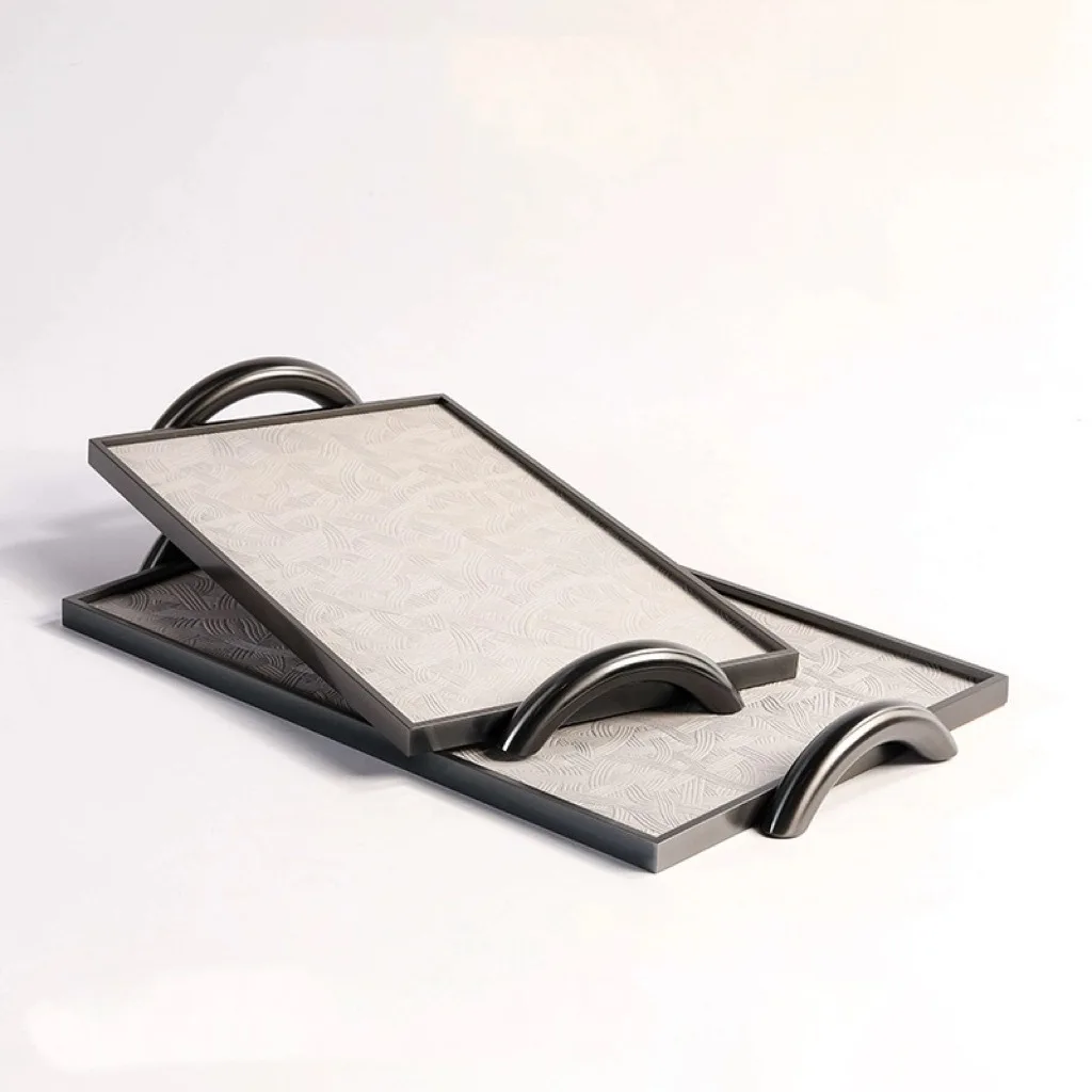 Creative Leather Tray Modern Simple Metal Decorative Tray Rectangular Pallet with Two Handles Home Decoration Storage Ornaments