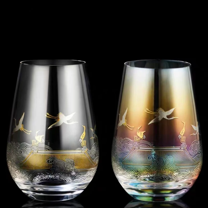

Chinese Style Collection Grade Crystal Wine Glass Gold Silver Burning Crane Gradient Water Tea Cup Air Beer Mug Whisky Tumbler