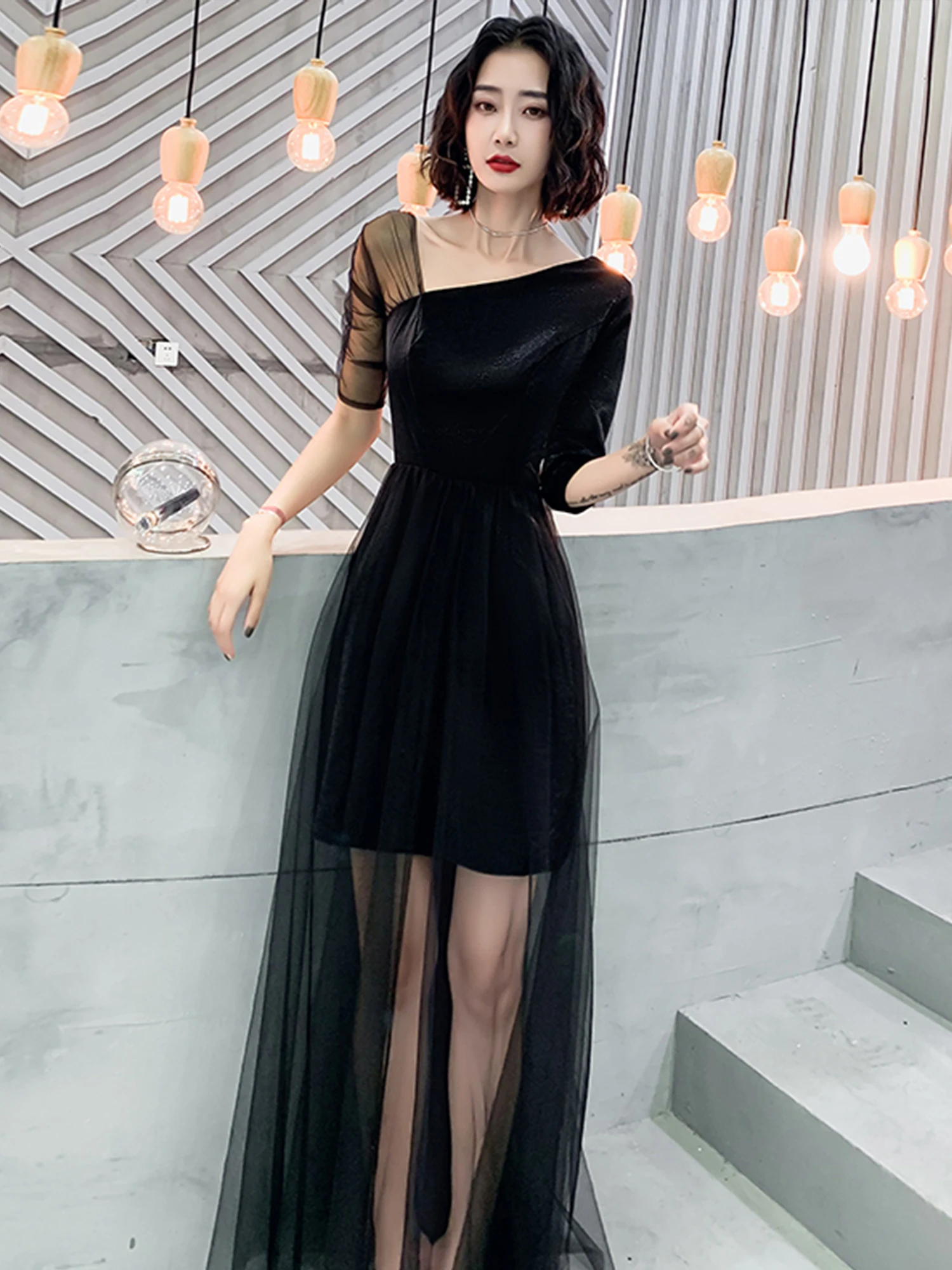

Black Evening Dress For Women Party Dress Light Luxury Dress Banquet Socialite Host Gown Black Gauze Party Dress