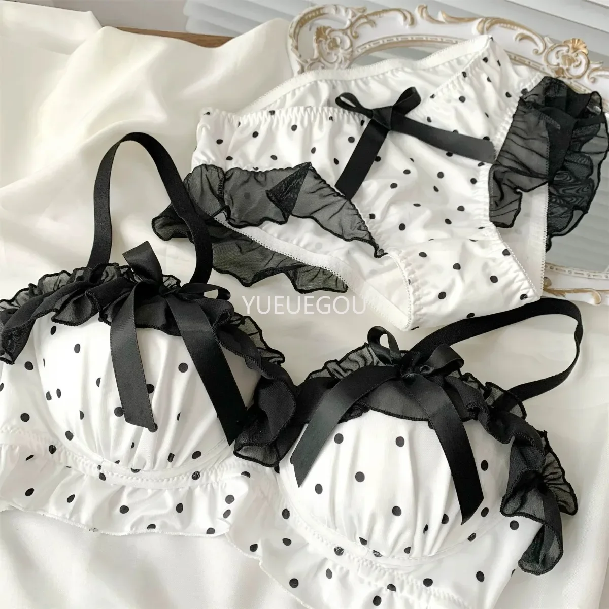 Süßes Polka Dot Spitzen Bh Und Slip Set Push Up Für Damen_voghion.com