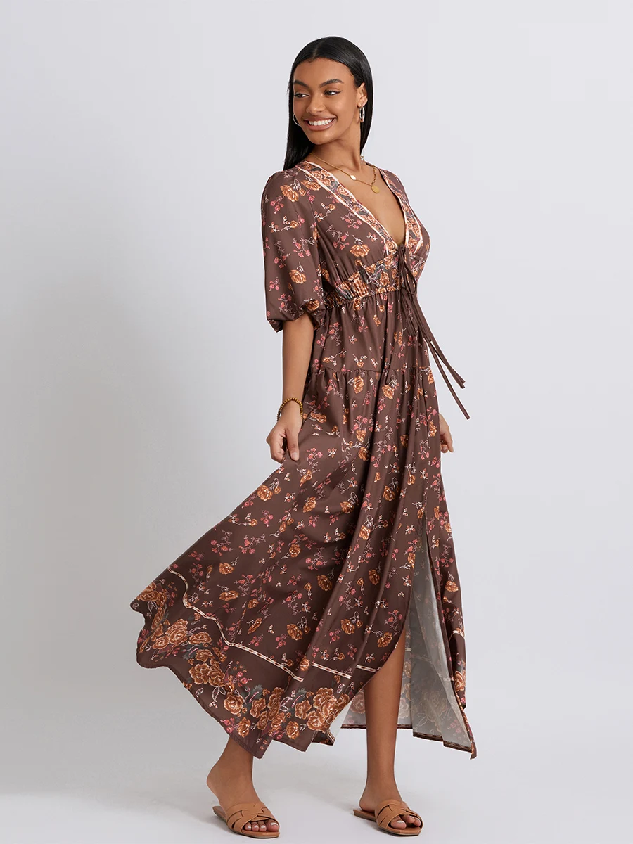 

Women Boho Long Dress Puff Sleeve Smocked Flowy Maxi Dress Floral Printed Swing Beach Long Sundress Summer Vacation