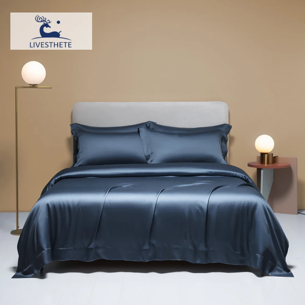 

Liv-Esthete Nature 100% Silk Dark Blue Bedding Set Duvet Cover Pillow Case Bed Sheet Quilt Cover King Queen For Deep Sleep Gift