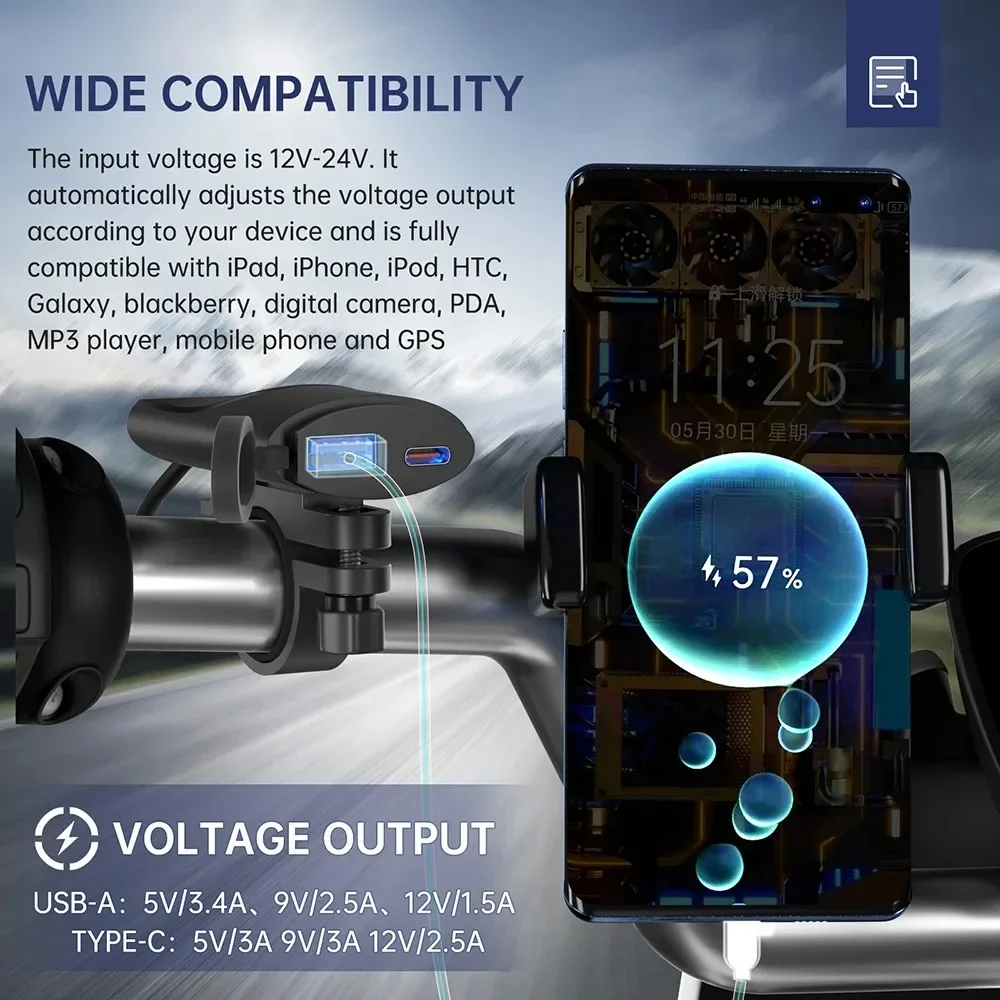 PD + QC3.0 오토바이 USB 충전기, 30W USB-C 충전기, IP67 방수 핸들 바 장착 브래킷 충전기, 디지털 카메라 휴대폰용